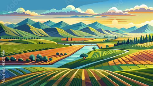 Very beautiful irrigated fields stretch across open rural Montana terrain, glistening under bright daylight. A peaceful agricultural landscape showcasing productive farmland, flowing water, and the 