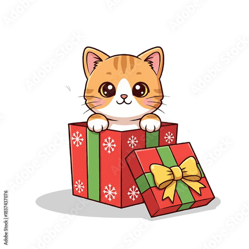 A cute cartoon kitten peeking out of a Christmas gift box