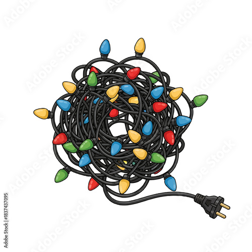 Tangled string of festive Christmas lights with various color. They create a vibrant and cheerful atmosphere for the holiday season. The electric cord is visible with a plug ready for connecting 