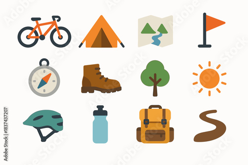 Backpack sun adventure tent icon tree bottle helmet bike boots icons vector