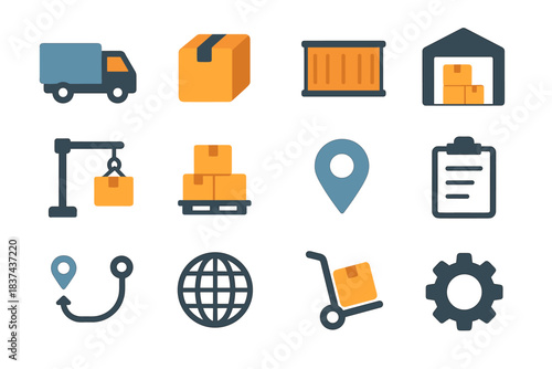 Pallet globe pin clipboard gear icon icons logistics trolley set container crane