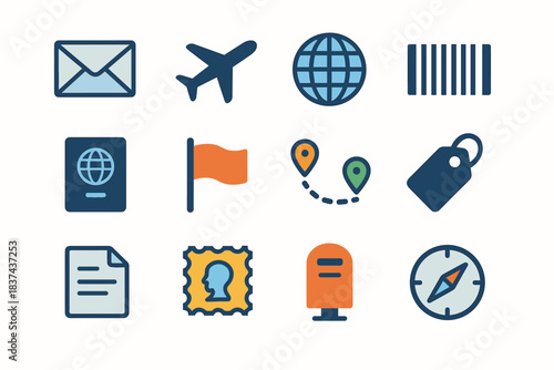 Route flag international passport icons icon envelope airplane mail map barcode vector