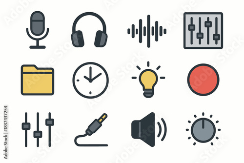 Vector microphone audio mixer headphones cable waveform set knob light icon speaker