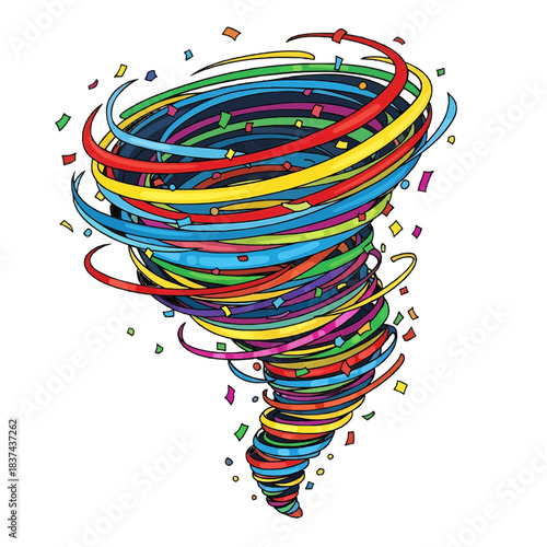 A Colorful Tornado of Ribbons and Confetti. A vibrant and energetic illustration of a tornado formed from colorful ribbons and confetti, creating a dynamic and festive scene.