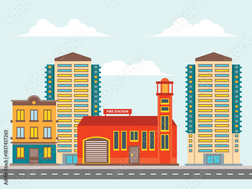 Urban Cityscape with Fire Station and Residential buildings