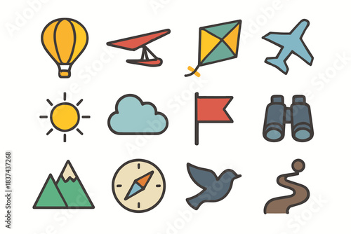 Adventure balloon cloud kite bird set binoculars icon flag mountain vector airplane