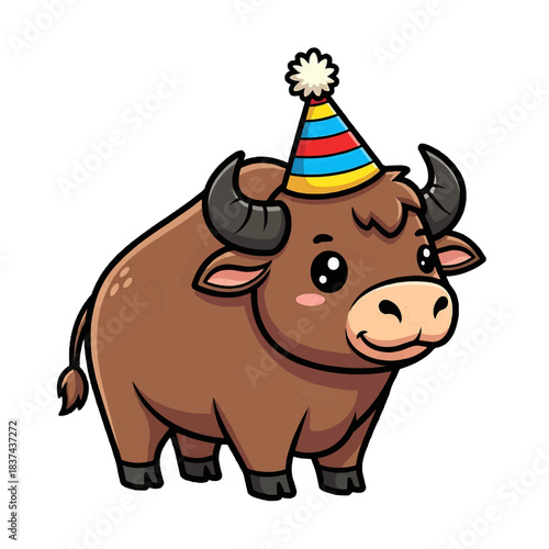 A cute cartoon bull wearing a party hat