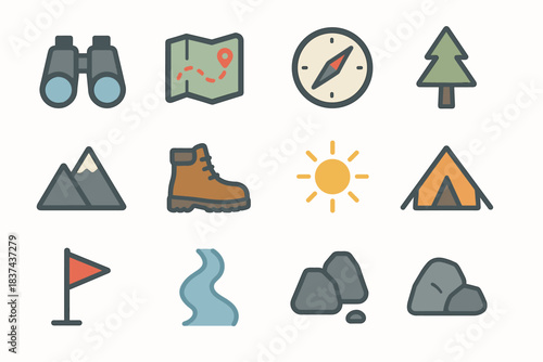 Map vector boot river icon tree binoculars set mountain compass exploration path
