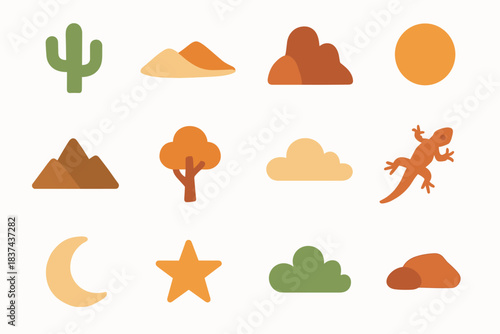 Sand desert set star icon sun moon vector lizard cloud cactus mountain
