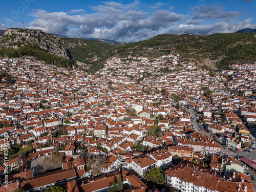 Mugla city aerial view showing traditional houses and castle