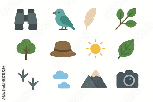 Icons leaf vector camera sky binoculars bird icon watching sun tree hat
