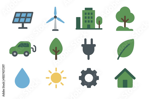 Icons sustainable park tree drop wind building city house vector solar icon