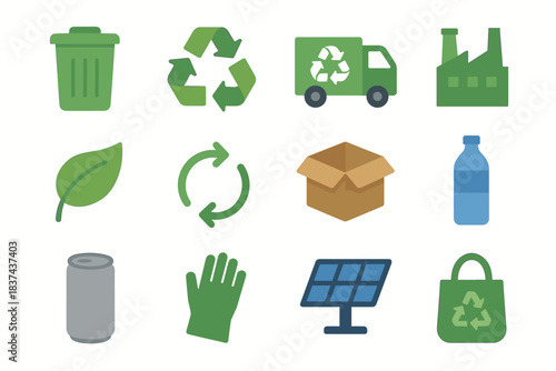 Factory icons grid box solar vector arrow bag icon recycling leaf symbol