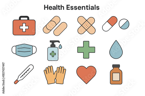 Vector thermometer icons plaster hand sanitizer gloves pill heart health aid essentials