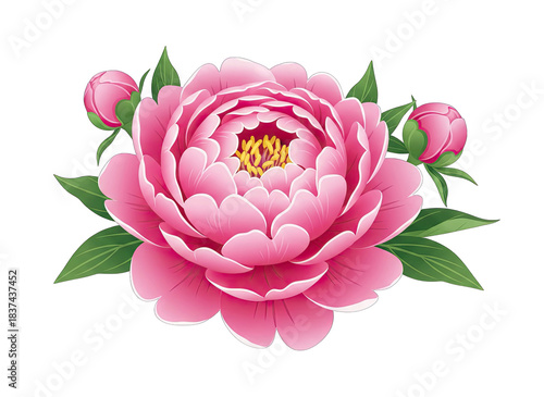 Pink Peony Flower Blooming on White Background