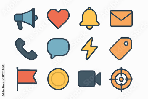 Target heart media social envelope flag chat vector icon minimal bell lightning