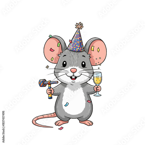 A charming cartoon mouse celebrating a festive occasion with a party hat, champagne, and confetti