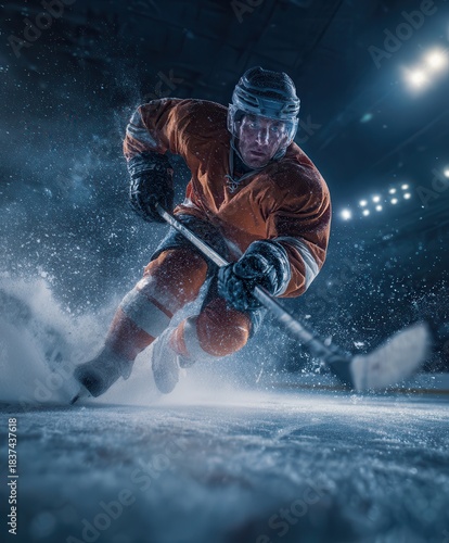 action portrait of a hockey player in full gear skating at high speed toward the goal