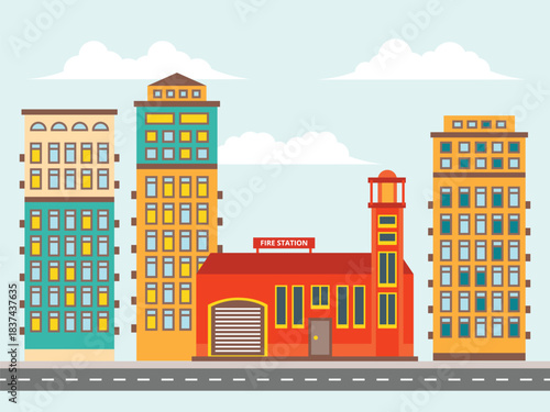 Urban Cityscape with Fire Station and Residential buildings