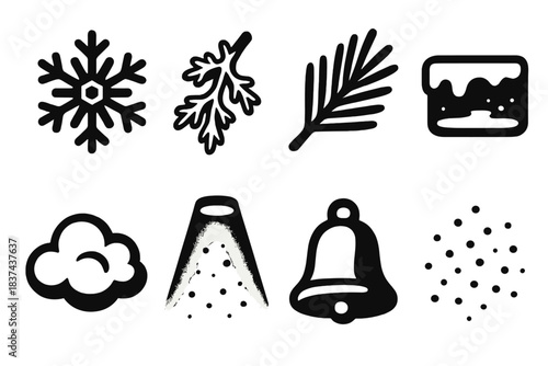 Snowflake Icon Set. Delicate Snowflake Charm silhouette set: detailed snowflake, frosted branch, pine sprig, icy ground, cloud puff, gentle spotlight, tiny bell, snow dust