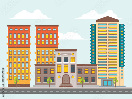 Urban Cityscape with Library and Residential buildings