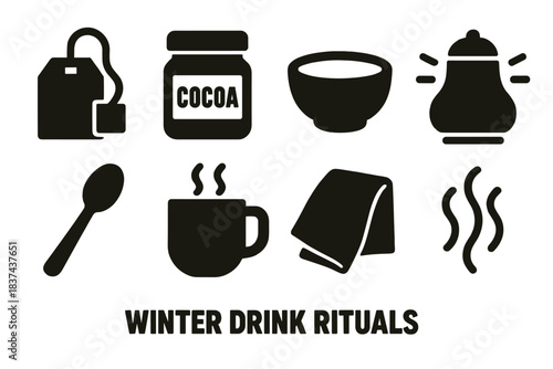 Winter Drink Icons. Winter Drink Rituals silhouette set: tea sachet, cocoa mix jar, ceramic bowl, soft glow lamp, sugar spoon, warm drink cup, linen cloth, aroma steam