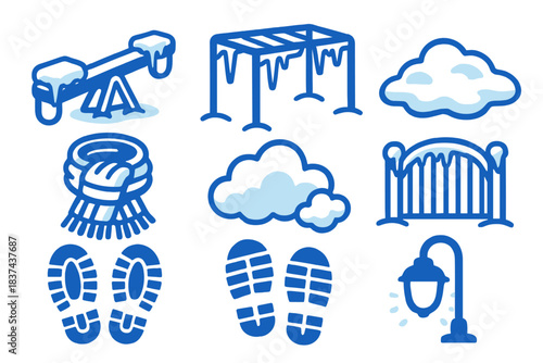 Icy Playground Icons. Icy Playground Moments silhouette set: frosted seesaw, icy monkey bars, snow patch, bundled scarf, cloud puff, playground gate, boot prints, soft lamp glow