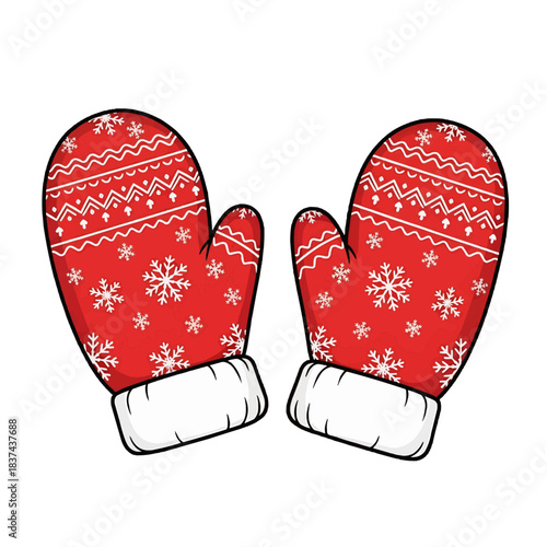 Warm and cozy red mittens with a snowflake design, perfect for winter. The mittens have a lovely pattern, trimmed with white fluff and designed for chilly weather