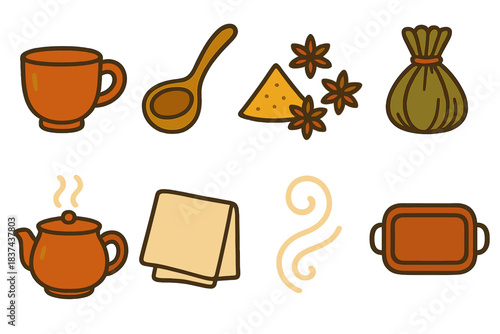 Traditional Drink Icons. Traditional Warm Drink Rituals modern flat vector icons: clay cup, wooden ladle, spice blend, tea bundle, warm pot, linen cloth, steam swirl, rustic tray.