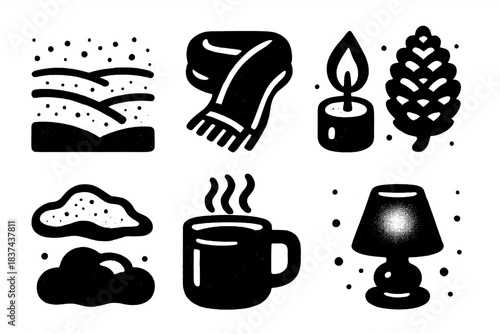 Winter Icon Set. Snow-Covered Calm silhouette set: snowy field, cozy scarf, candle flame, pinecone, snow patch, warm drink mug, cloud haze, soft lamp glow