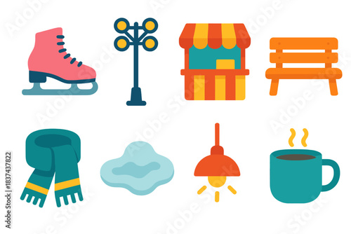 Skating Culture Icons. Community Skating Culture modern flat vector icons: skate pair silhouette, rink light pole, snack booth, wooden bench, scarf roll, snow patch, cozy lamp, hot