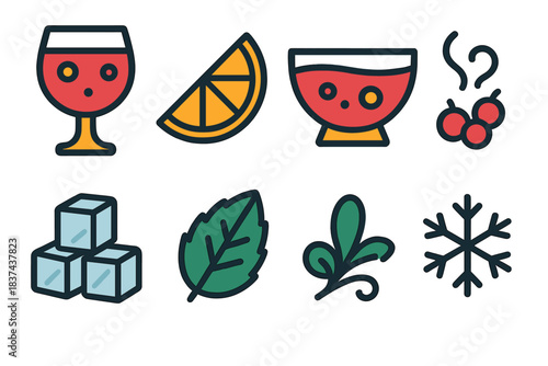 Vibrant Punch Icons. Seasonal Party Punch modern flat vector icons: goblet, orange wedge, punch bowl, berries, ice cubes, mint leaf, steam swirl, snowflake