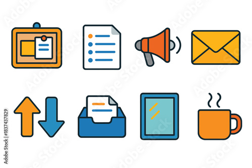 Family Icon Set. Organized Family Updates modern flat vector icons: bulletin board, list sheet, voice icon, mail envelope, task arrows, tidy box, window glow, warm drink mug