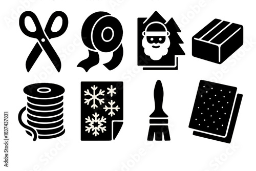 Winter Craft Icons. Winter DIY Workshop silhouette set: craft scissors, ribbon roll, paper cutouts, clay block, twine spool, patterned paper, small brush, foam sheet