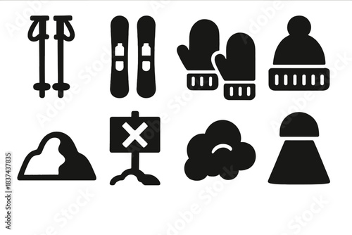 Brutalist Ski Icons. Beginner Ski Lessons silhouette set: ski poles, small skis, wool mittens, warm hat, snow mound, trail marker, cloud puff, gentle spotlight