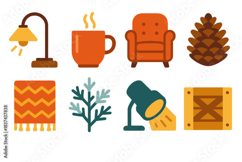 Cozy Cabin Icons. Northern Cabin Evenings modern flat vector icons: dim lamp, hot drink cup, plush seat, pinecone, woven textile, frosted branch, gentle spotlight, wooden crate
