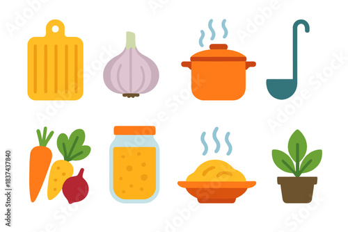 Cozy Meal Prep Icons. Cozy Meal Prep modern flat vector icons: cutting board, garlic bulb, simmering pan, ladle scoop, root vegetables, broth jar, warm plate, small plant