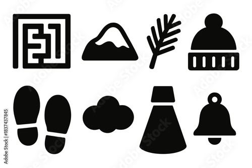 Snow Maze Icons. Snow Maze Journey silhouette set: maze path outline, snow mound, pine sprig, warm hat, boot prints, cloud puff, gentle spotlight, tiny bell