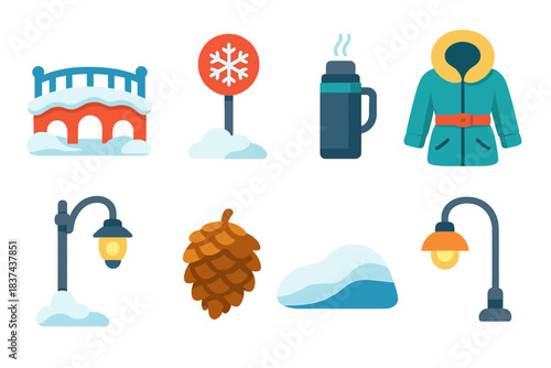 Winter Travel Icons. Winter Route Journeys modern flat vector icons: snowy bridge, road marker, bundled coat, steaming thermos, trail light pole, pinecone, snow drift, soft lamp