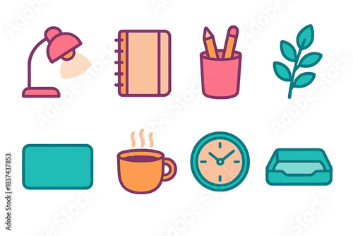 Minimalist Desk Icons. Peaceful Desk Setup modern flat vector icons: soft lamp, tidy notebook, pencil cup, plant sprig, clean desk mat, warm drink mug, gentle clock, storage tray