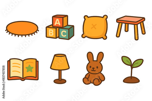 Cozy Play Corner Icons. Cozy Play Corner modern flat vector icons: soft rug, toy blocks, plush cushion, small table, storybook, warm lamp, stuffed animal, plant sprout