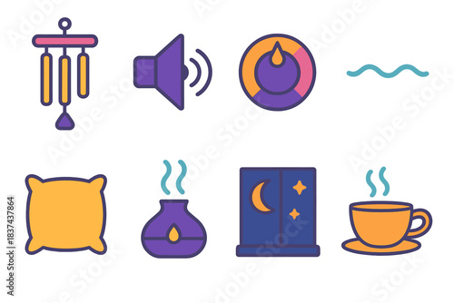 Calm Sound Icons. Gentle Sound Moments modern flat vector icons: chime symbol, speaker, tuning knob, calm wave, cozy pillow, aroma diffuser, night window, tea cup