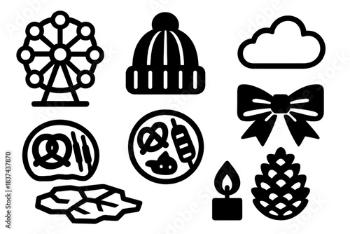 Brutalist Winter Icons. Cold-Season Fair silhouette set: ferris wheel outline, warm hat, snack plate, cloud puff, decorative bow, icy patch, candle flame, pinecone