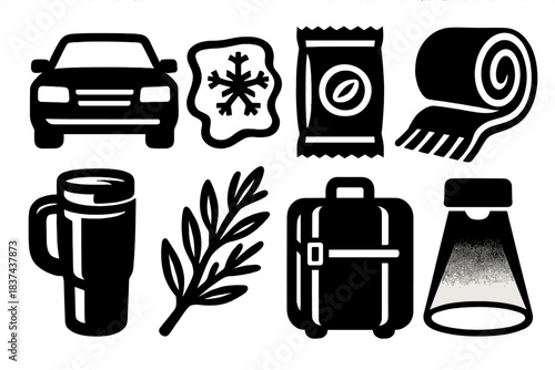 Winter Travel Icons. American Winter On-the-Go silhouette set: car outline, icy patch, snack pack, scarf roll, thermos cup, frosted branch, travel bag, gentle spotlight