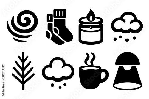 Frosty Icon Set. Frosty Wind Whirl silhouette set: icy swirl, wool socks, candle jar, snow drift, pine sprout, cloud puff, warm cup, soft spotlight