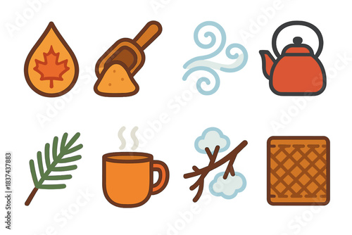 Canadian Maple Icons. Canadian Maple Rituals modern flat vector icons: maple droplet, wooden scoop, frost swirl, kettle pot, pine sprig, warm drink cup, snowy branch, woven mat