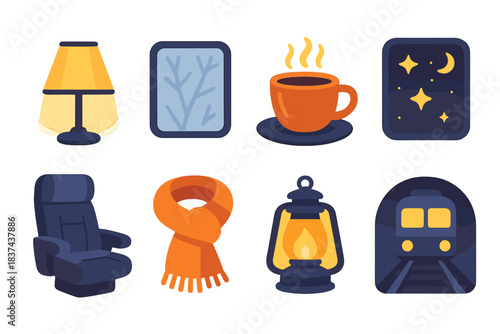Night Train Icons. Night Train Journey modern flat vector icons: dim lamp, frosted glass, warm drink cup, starry sky, cushioned seat, soft scarf, lantern glow, night trail