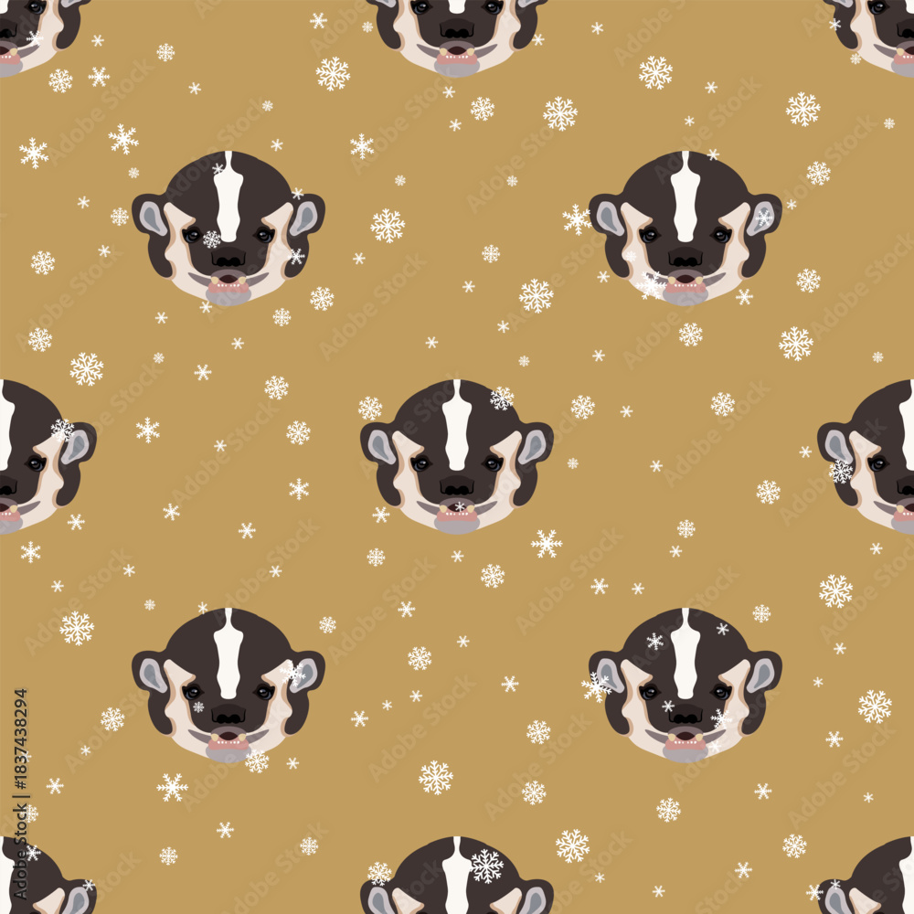 Obraz premium Seamless seasonal animal winter pattern with heads of American badger and snowflakes. Taxidea taxus. Cartoon style. On yellow background.