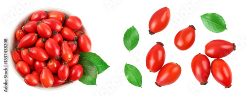Rose hip in ceramic bowl isolated on a white background with full depth of field. Top view. Flat lay.