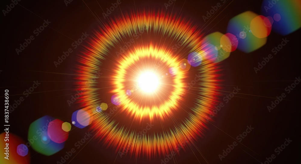 Fototapeta premium A Brilliant Lens Flare Illuminates a Dark Background with Radiant Energy and Vibrant Colors